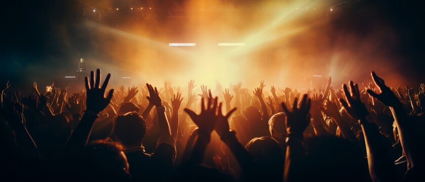 An energetic concert, during which the crowd spreads its hands. Generative AI