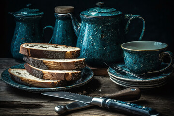 Table with blue porcelain cups and teapot and slices of bread and cake for breakfast. AI generated
