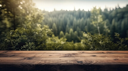 Wooden table in front of blurred forest background. Ready for product display montage