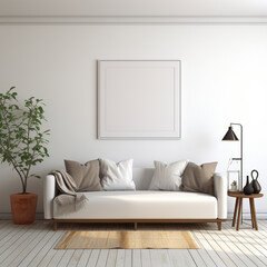 Minimal Living room with Comfy sofa and cushion design, white blank wall, afternoon, bright, digital, AI Generated