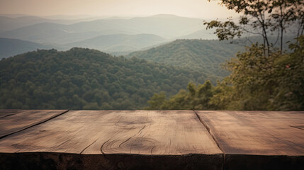 Empty wooden table for product display montages on top of mountain.