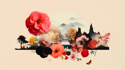 A romantic atmosphere is evoked in this art collage featuring soft pink tones, delicate flowers, and majestic mountains, encapsulating the serene beauty of nature and its tranquility. Generative AI