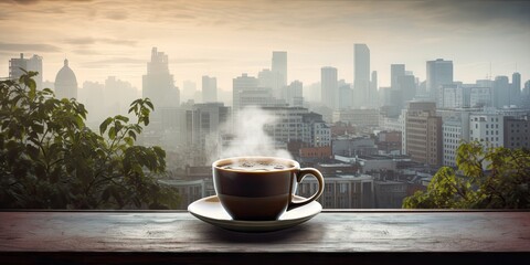 Modern lifestyle in city. Empty table by window. Relaxing coffee break. Refreshing workspace