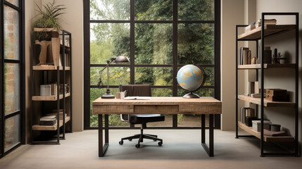 Industrial-style home office with a reclaimed wood desk Design, a metal bookshelf, AI Generated