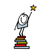 Cute little stickman boy stands on a stack of books he has read and reaches for a star in the sky. Vector illustration of the benefits of reading.