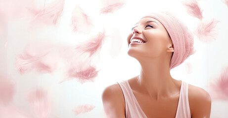 woman with pink scarf on her head looking up, symbol of the fight against breast cancer, background in white and pink tones, concept fight against cancer.