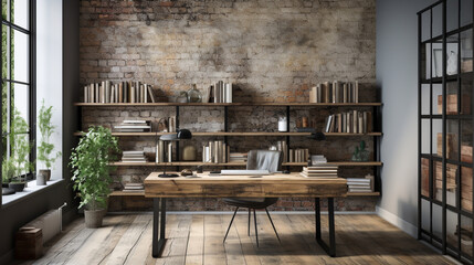 Industrial-style home office with a reclaimed wood desk Design, a metal bookshelf, AI Generated