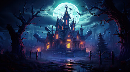 Wooden mystic stilt house on swamp in night forest. Generative Ai