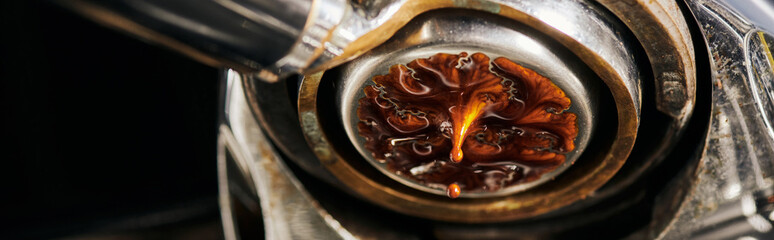 black coffee, extraction, hot espresso dripping into cup, professional coffee machine, banner