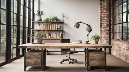 Industrial-style home office with a reclaimed wood desk Design, a metal bookshelf, AI Generated