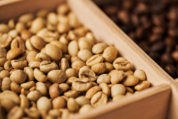 coffee beans in wooden box, light roast, caffeine and energy, coffee background, arabica