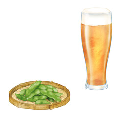  Beer glass and green soybeans on a bamboo basket, painted in digital watercolor (no shadow)
