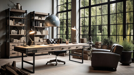 Industrial-style home office with a reclaimed wood desk Design, a metal bookshelf, AI Generated