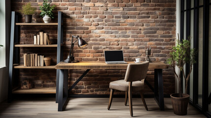Fototapeta na wymiar Industrial-style home office with a reclaimed wood desk Design, a metal bookshelf, AI Generated