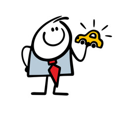 Seller in the car showroom demonstrates a new product to customers. Vector illustration of a cartoon dealer and advertising of modern transport.