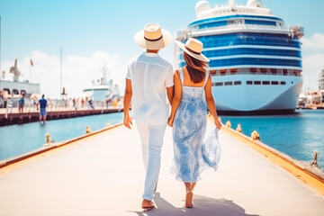 Young couple going on cruise in summer. Happy young travelers going on cruise together. - obrazy, fototapety, plakaty