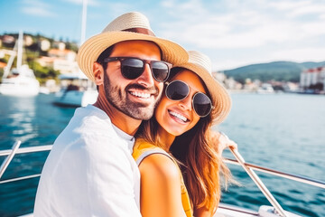 Young multiethnic couple going on yacht in summer. Happy young travelers going on cruise together. - obrazy, fototapety, plakaty