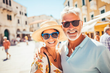 Multiethnic couple traveling in Italy in summer. Happy older travelers exploring in city.