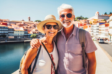 Multiethnic couple traveling in Portugal in summer. Happy older travelers exploring in city.