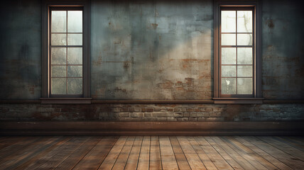 Empty old abandoned room with window, hardwood wall and floor, Hounted dark house interior. Generative Ai