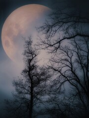 piękny różowy księżyc na tle koron drzew - obrazy, fototapety, plakaty