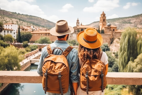 Multiethnic couple traveling in Spain in summer. Happy young travelers exploring in city.