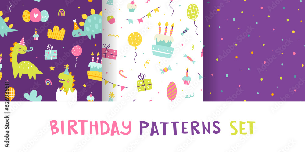 Poster birthday patterns set with cute dino and festive elements. dinosaur party seamless vector print coll