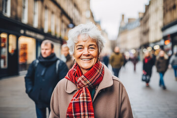 Woman traveling in Edinburgh. Happy older traveler exploring in city. - obrazy, fototapety, plakaty