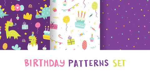 Fototapeta na wymiar Birthday patterns set with cute dino and festive elements. Dinosaur party seamless vector print collection.