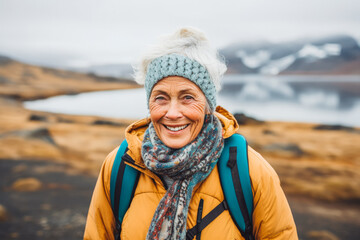 Fototapeta na wymiar Woman traveling in Iceland. Happy older traveler exploring in nature.