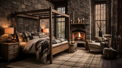 Design of cozy and rustic bedroom with a wooden four-poster bed, plaid bedding, and a stone...