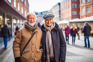 Multiethnic couple traveling in Oslo. Happy older travelers exploring in city. - obrazy, fototapety, plakaty