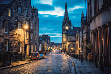 Fototapeta na wymiar Streets of Edinburgh. Empty cobbled streets of city in Scotland.