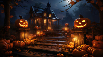 Halloween decorated house with pumpkins, 3d rendering. Generative Ai