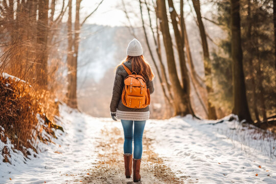 Woman taking a walk in nature in winter. Happy young female exploring nature.