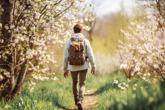 Man taking a walk in nature in spring. Happy young male exploring nature.