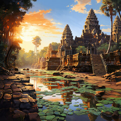 Angkor ruins. Generative AI.