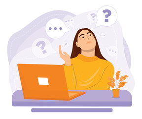 Flat vector thinking woman working feeling confused with question mark finding good idea
