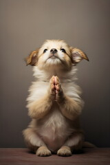 Fototapeta premium terrier dog begging on hind legs with paws together isolated on plain brown studio background