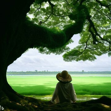 A lady sitting under a huge tree looking at the pady