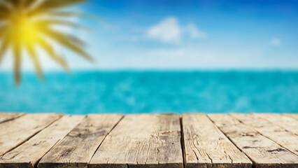 Fototapeta premium wooden old table top and sea space