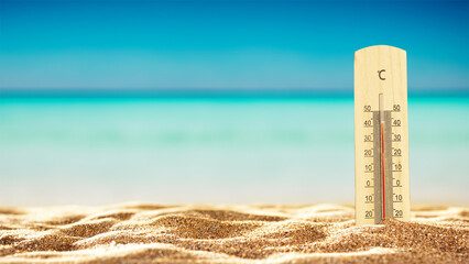 Summer thermometer on the beach and empty space for your decoration. - obrazy, fototapety, plakaty