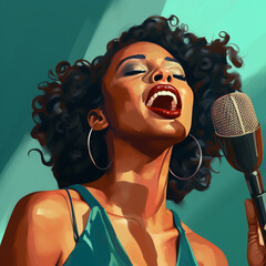 Afro black woman singing with a microphone. Generative AI.