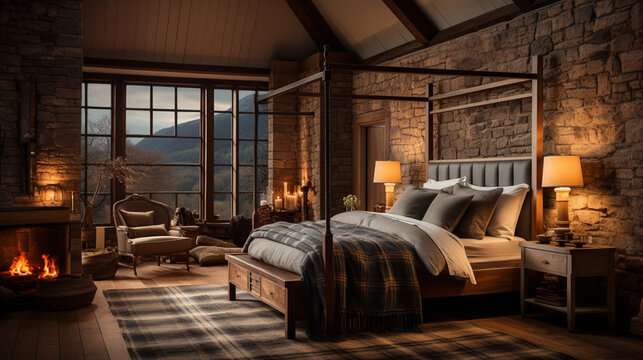 Design of cozy and rustic bedroom with a wooden four-poster bed, plaid bedding, and a stone fireplace. earthy color with shades of brown, beige, and green, AI Generated © AlexCaelus