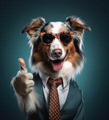 portrait of a cool dog showing a thumbs up wearing sunglasses and  a suit
