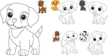 dog set, puppies cartoon childrens coloring book, sketch vector