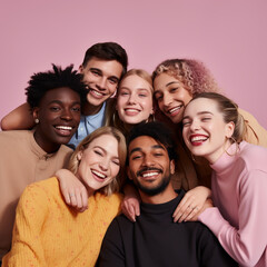 Diverse group of friends on a pink background. Generative AI.