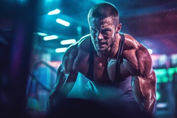 Fototapeta na wymiar Intense focus and determination of a bodybuilder during a workout, with sweat glistening and a determined expression, motivating viewers to push themselves in their fitness journey. Generative Ai