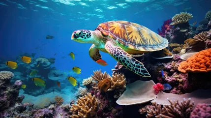 Fototapete Unterwasser turtle with Colorful tropical fish and animal sea life in the coral reef, animals of the underwater sea world
