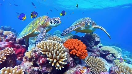 Naklejka na ściany i meble turtle with Colorful tropical fish and animal sea life in the coral reef, animals of the underwater sea world